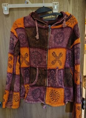 Y2k boho patchwork hoodie boho hippy full zip pockets Sun Purple Orange M L